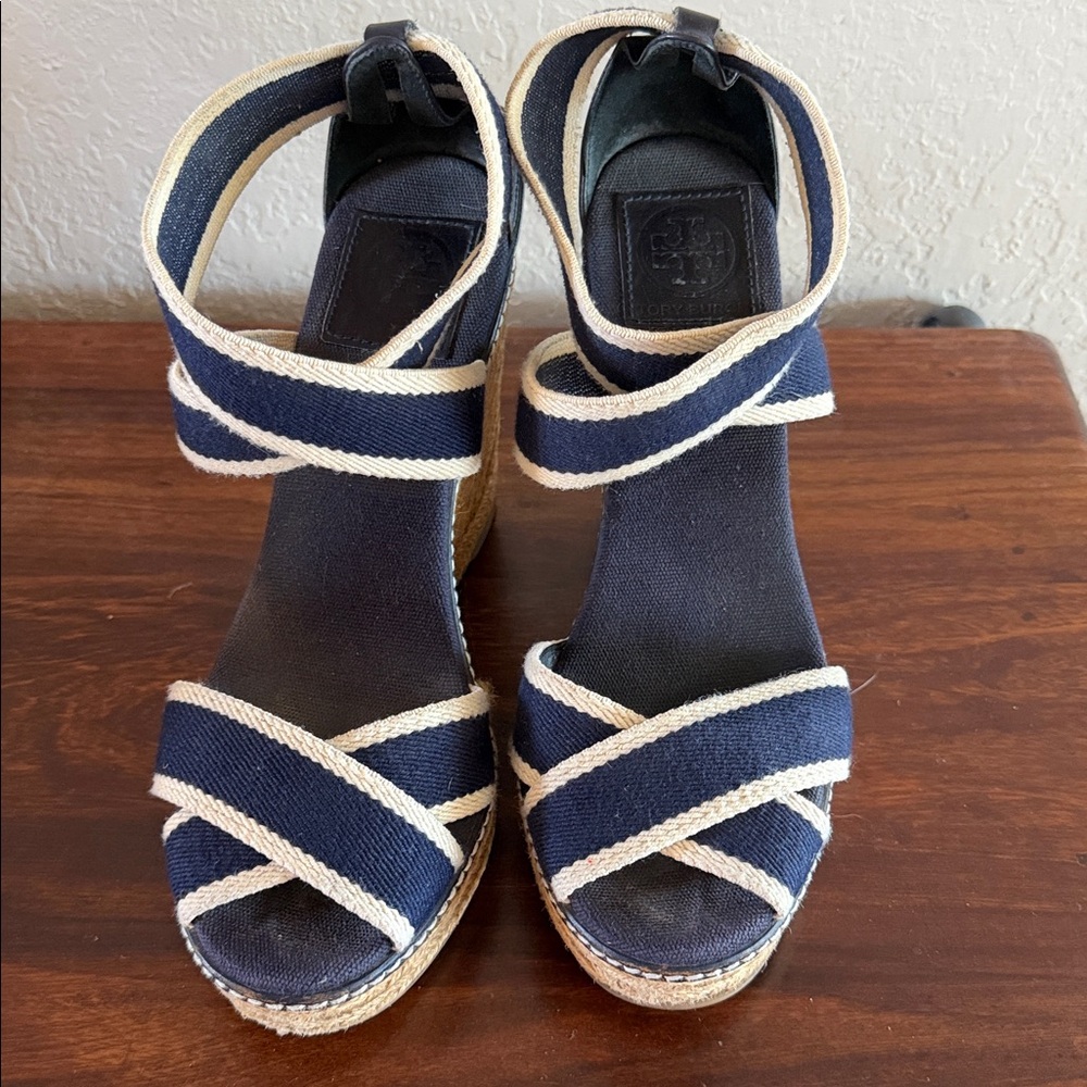 Tory Burch Navy and Cream Wedge Sandals